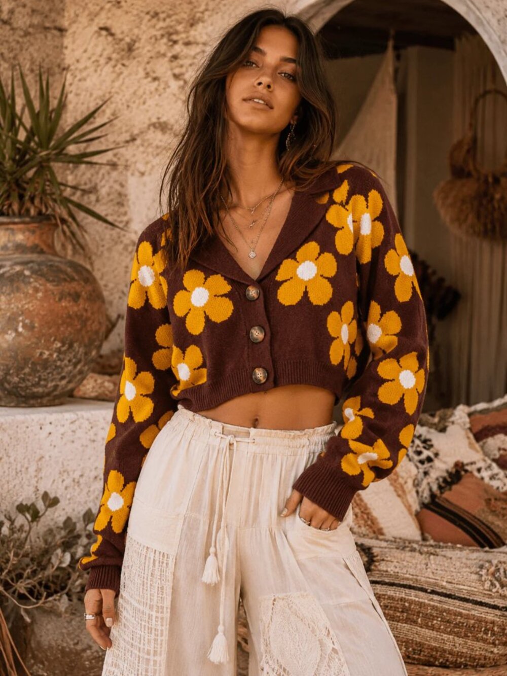 Jacquie Brown/Yellow Floral Daisy Long Sleeve V-neck Button Up Sweater M NWT